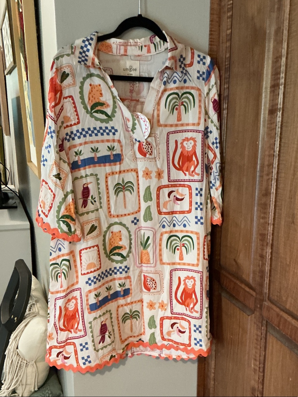 Umgee NWT Cream Tunic Dress with Safari Print Pockets Orange RicRac Trim Sz M